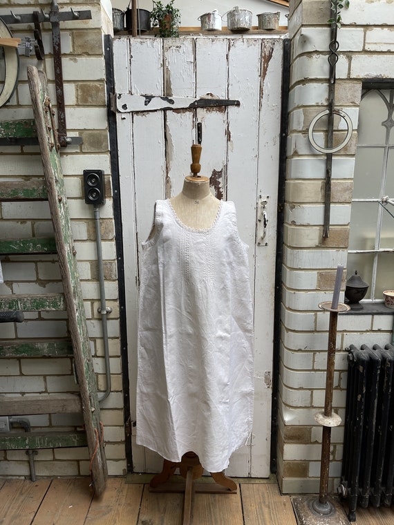 Antique French cream linen flax shift dress initia