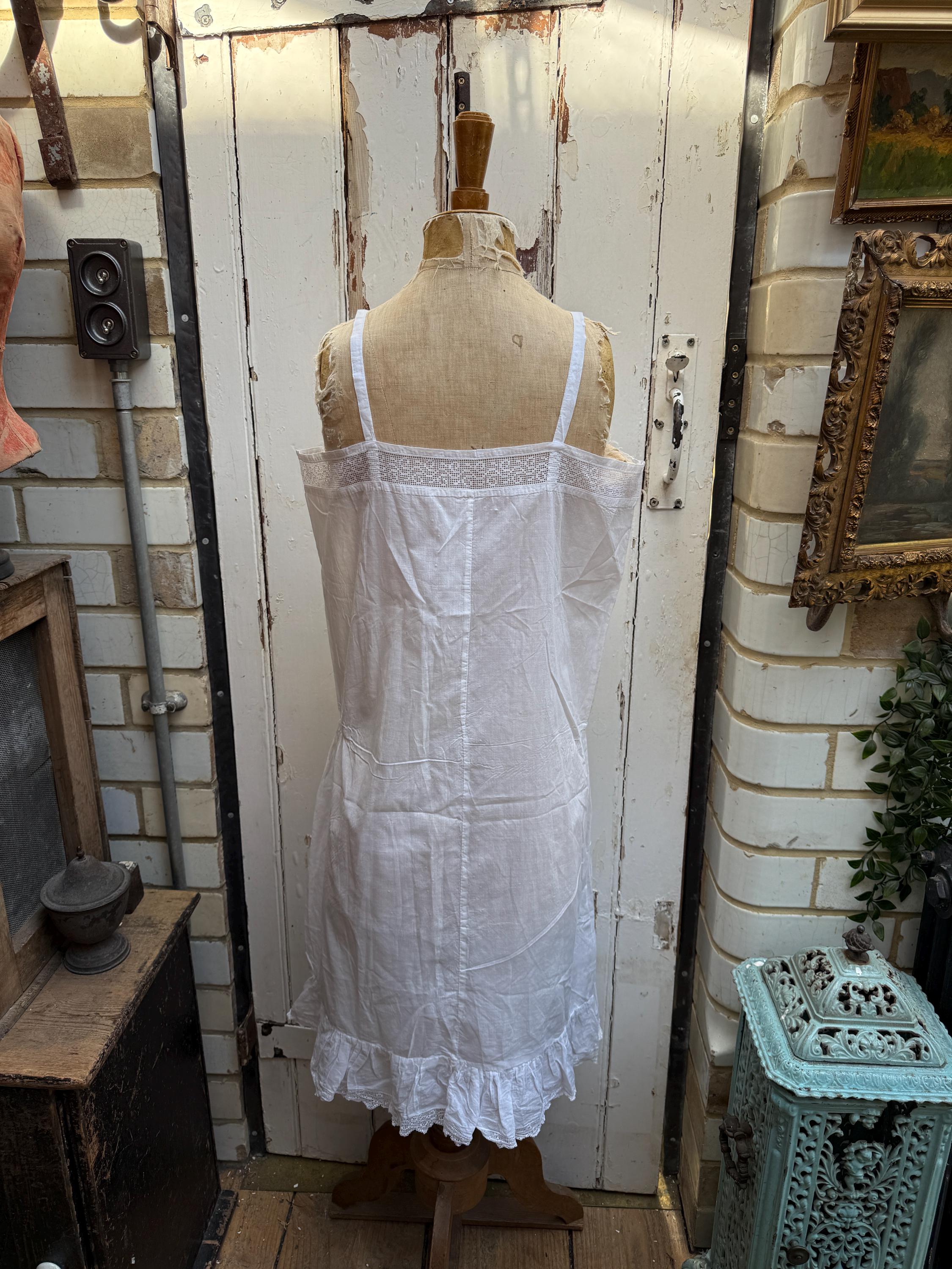 Antique French White Cotton Voile Slip Dress With Lace Top and Hem