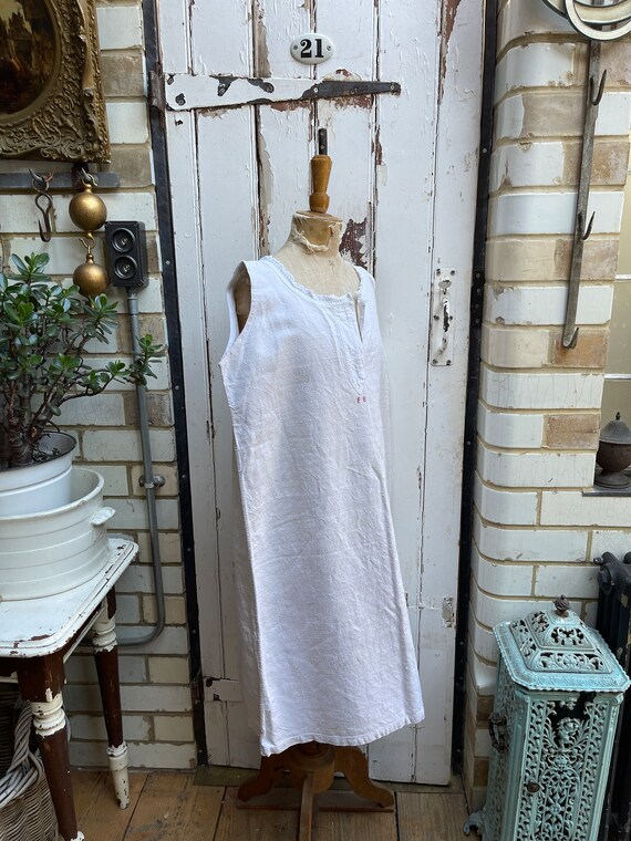 Antique French cream linen cotton metis shift dress initials FB size M/L