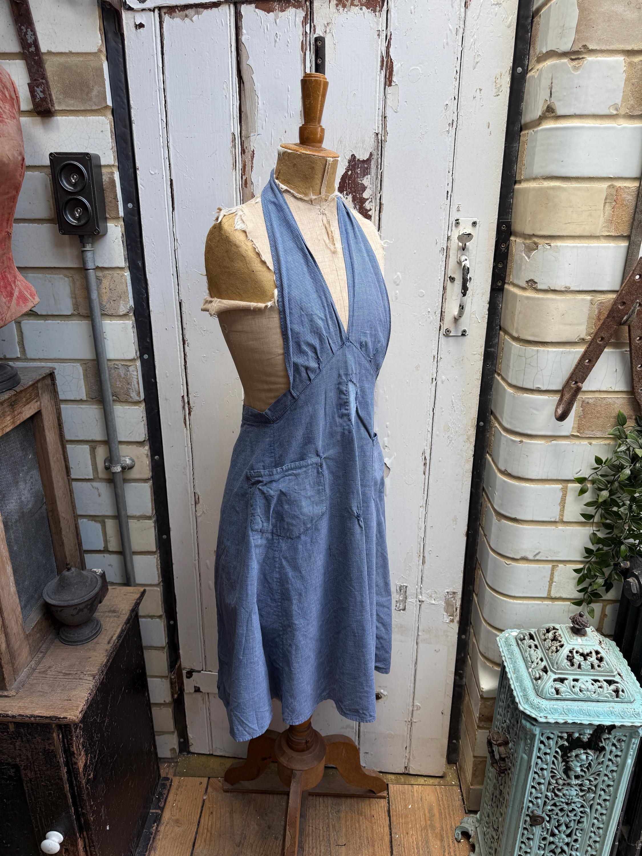 アンティークヴィンテージのフランス製ハンドメイドのブルーチェックの