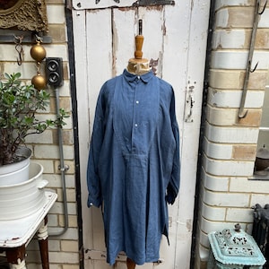 Antique French blue linen shirt dress chemise with cotton bib size L