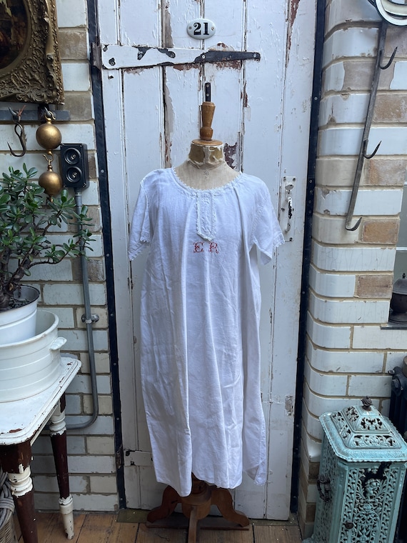 Antique French white  linen dress initials ER wit… - image 1