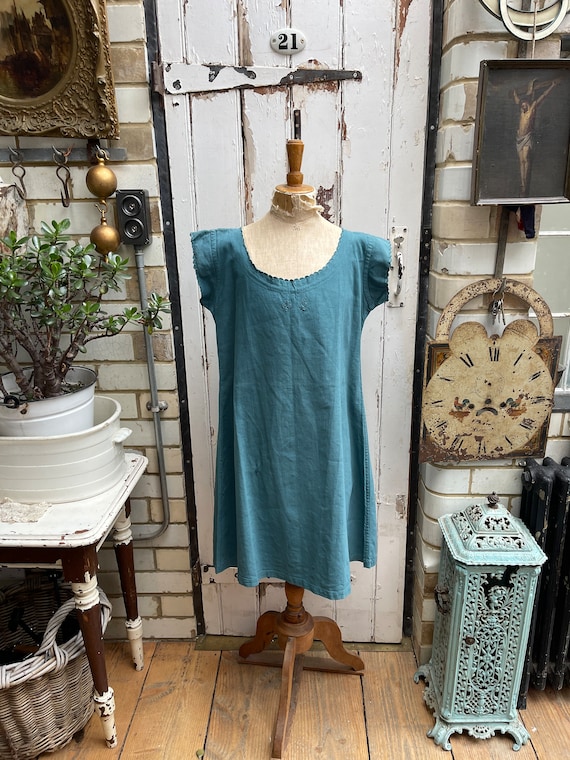 Antique French teal cotton dress initials MR size… - image 1