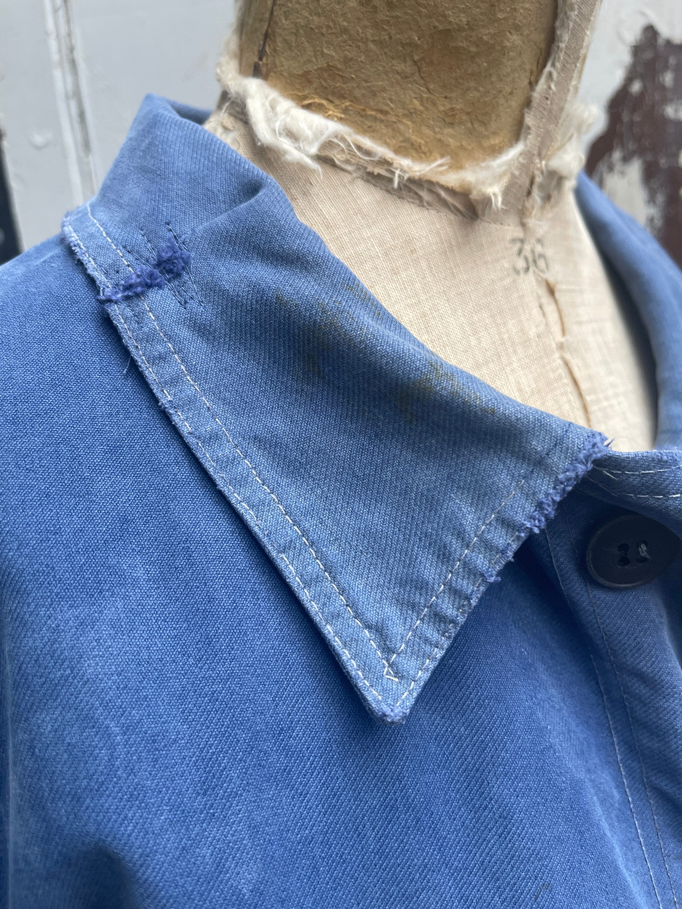 Antique French Au Fusil Blue Cotton Chores Jacket Coat With Mends