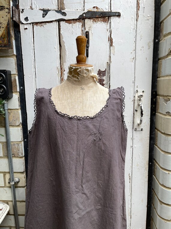 Antique French chocolate brown cotton dress initi… - image 2