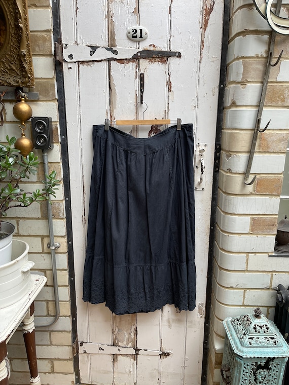 Antique handmade long black cotton skirt with tie… - image 1