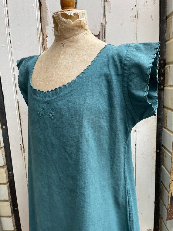 Antique French teal cotton dress initials MR size… - image 9