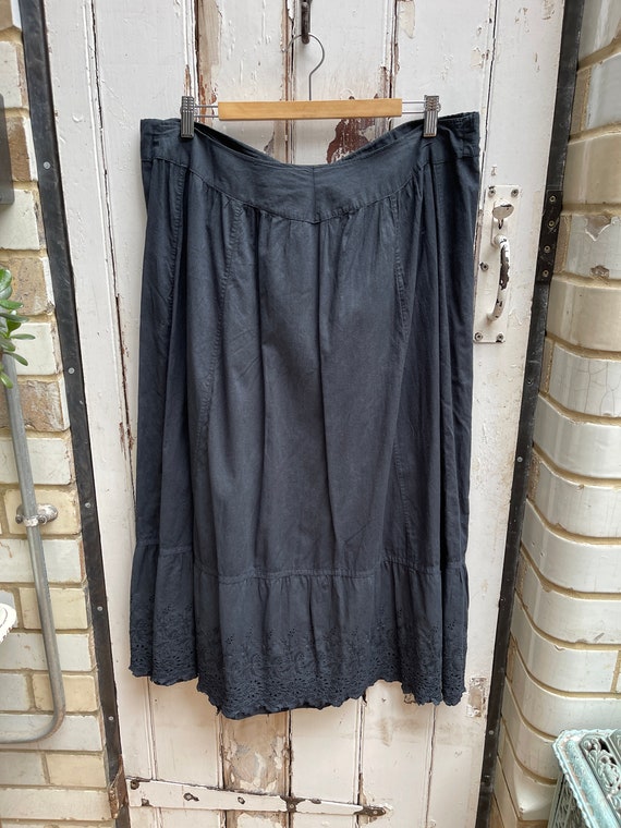 Antique handmade long black cotton skirt with tie… - image 2