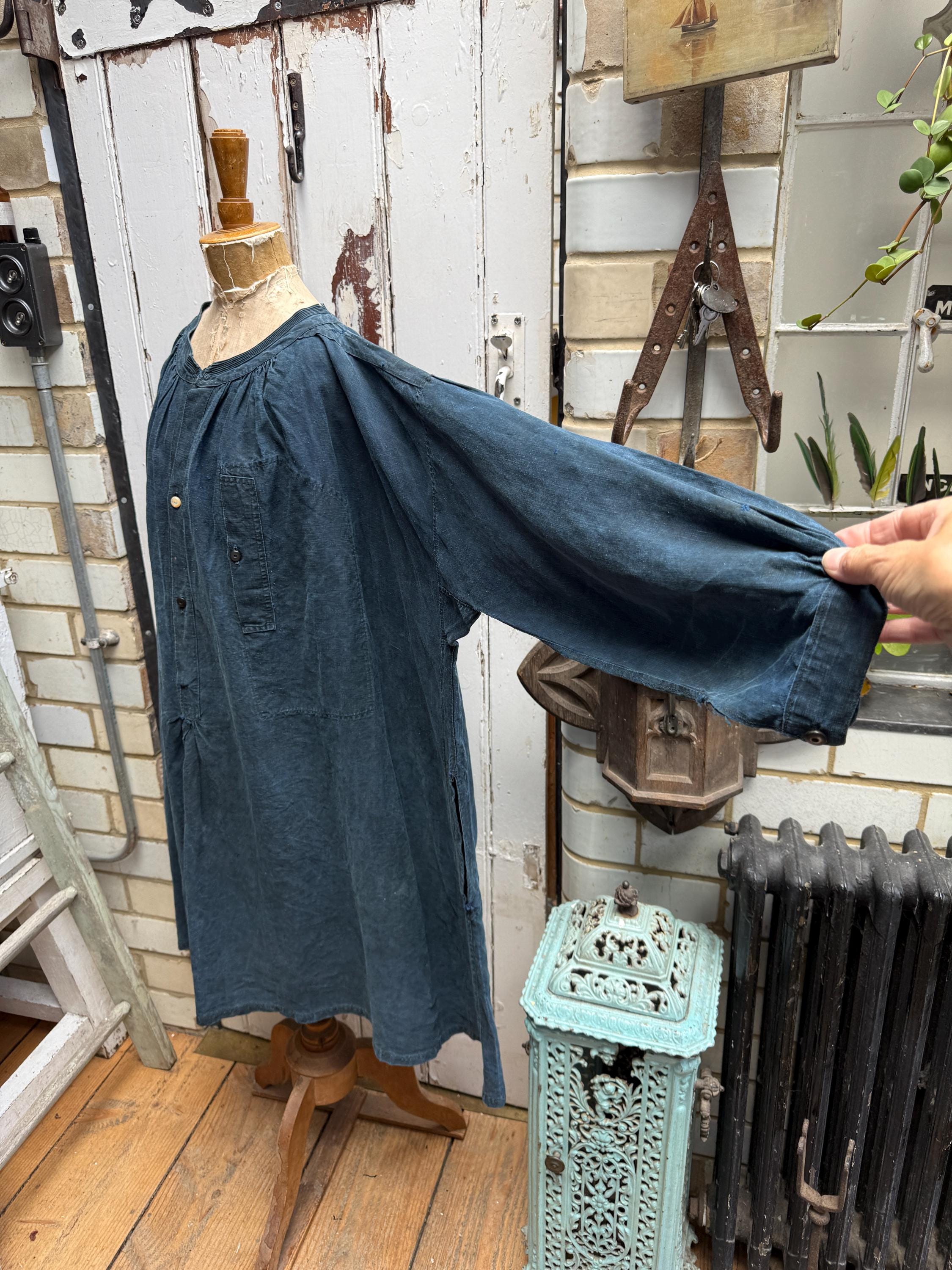 Antique French Handmade Indigo Blue Linen Biaude Smock With Front