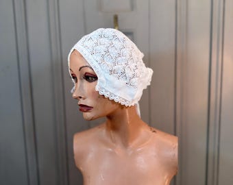 French 1800s Women BONNET HAT CAP ~ White Cotton & Openwork 