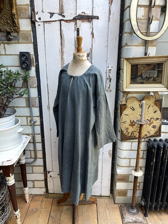 Antique French khaki green linen smock dress with… - image 10
