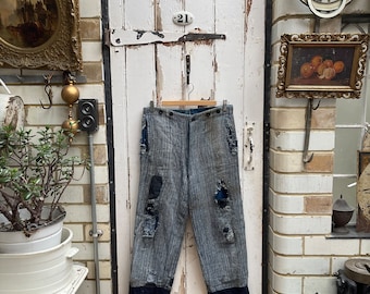 Antique French blue herringbone wool patched mended trousers size S - shabby chic