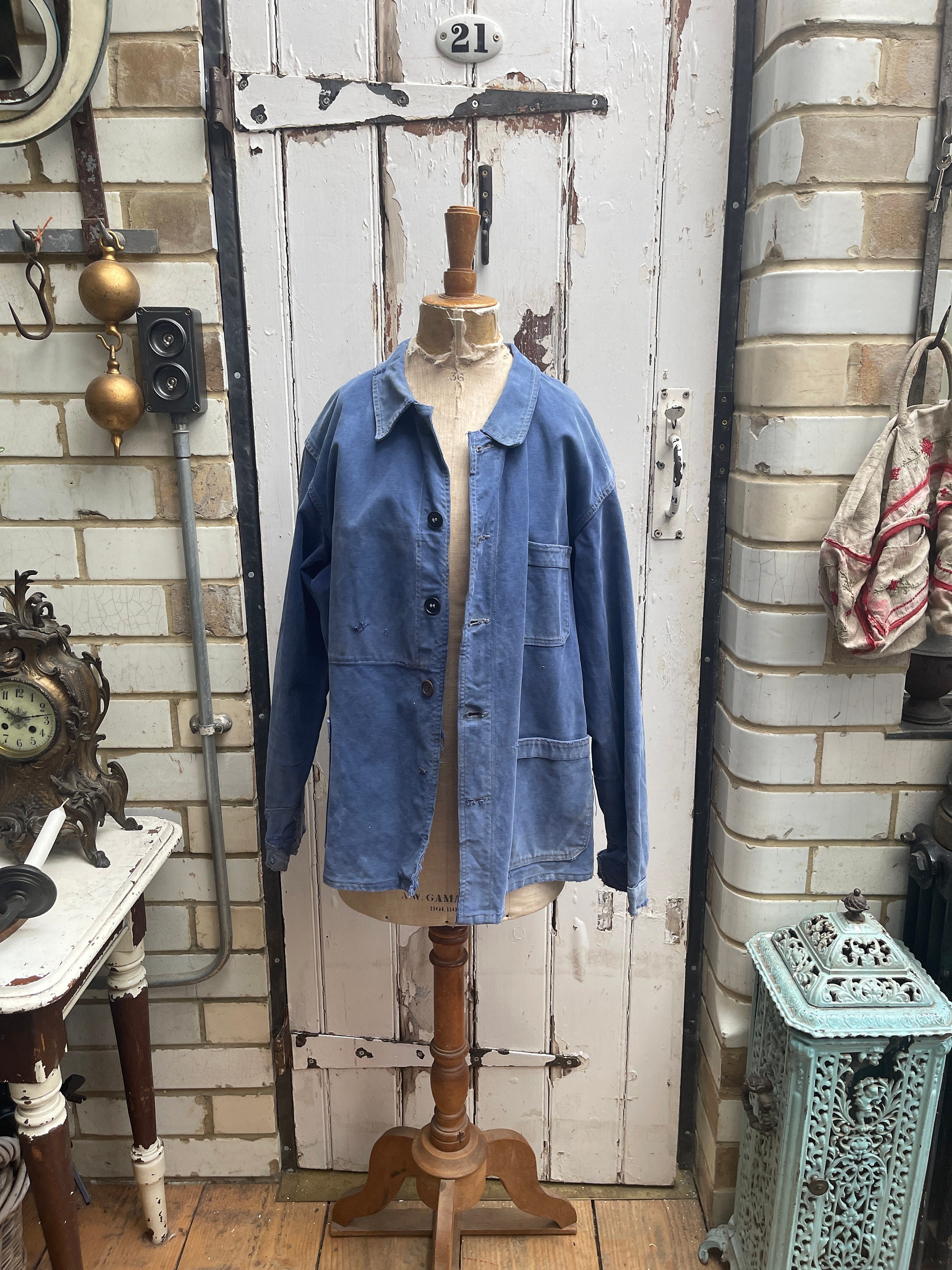 Antique French Au Fusil Blue Cotton Chores Jacket Coat With Mends