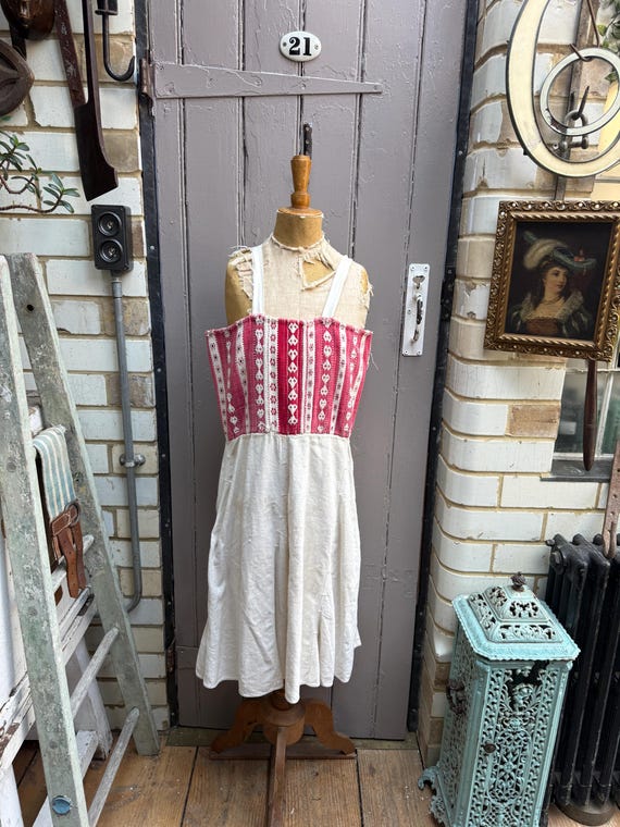 boho dress europe Antique European handmade folk cream and red linen size S/M Active & Draft What to Wear to boat neckline Child's Dress Size:14