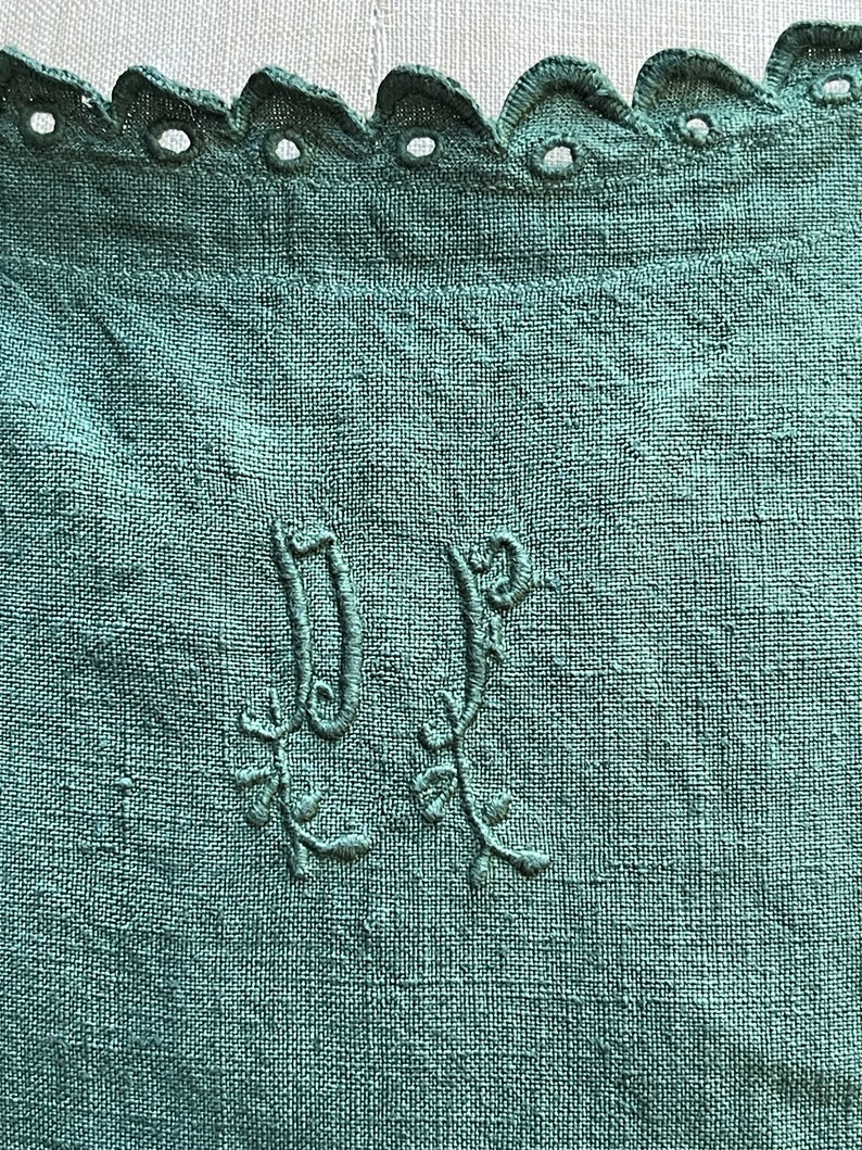 Antique French green linen shift dress initials DP size M image 4