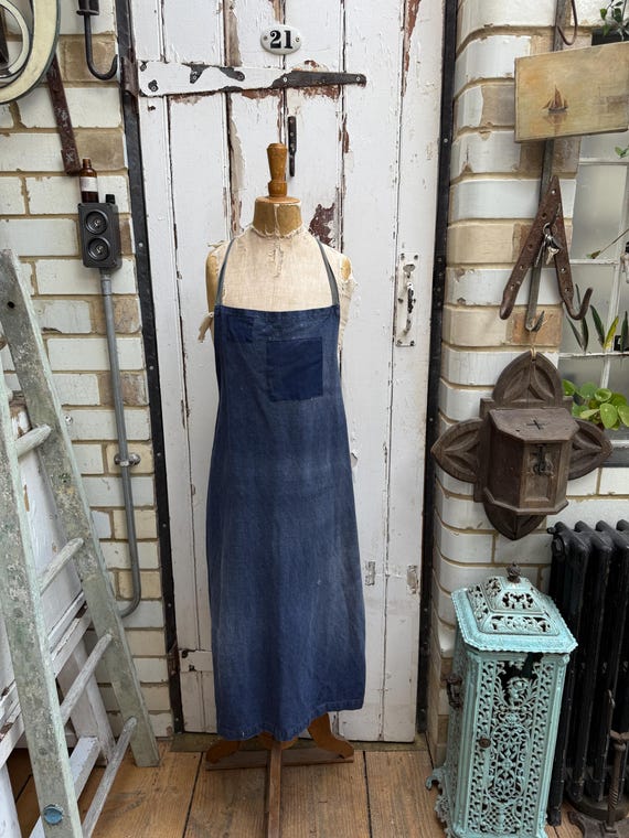 ポーランドリネンデニムのエプロン ハンドメイド アンティーク