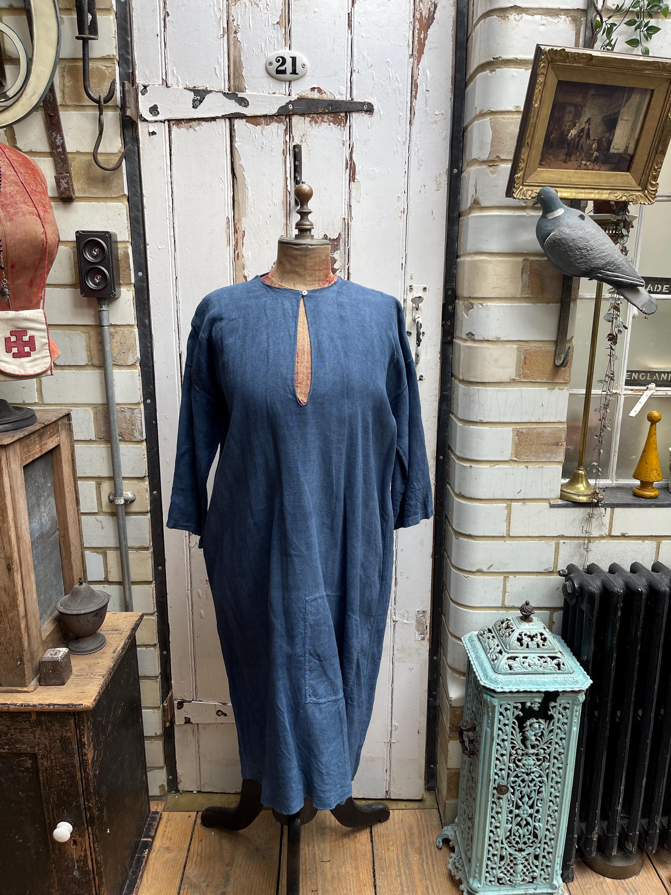 Antique French Blue Linen Smock Dress with Patches Size L