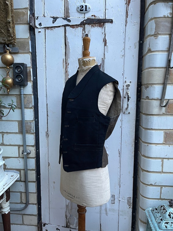 Antique mens black wool waistcoat vest with brown… - image 9