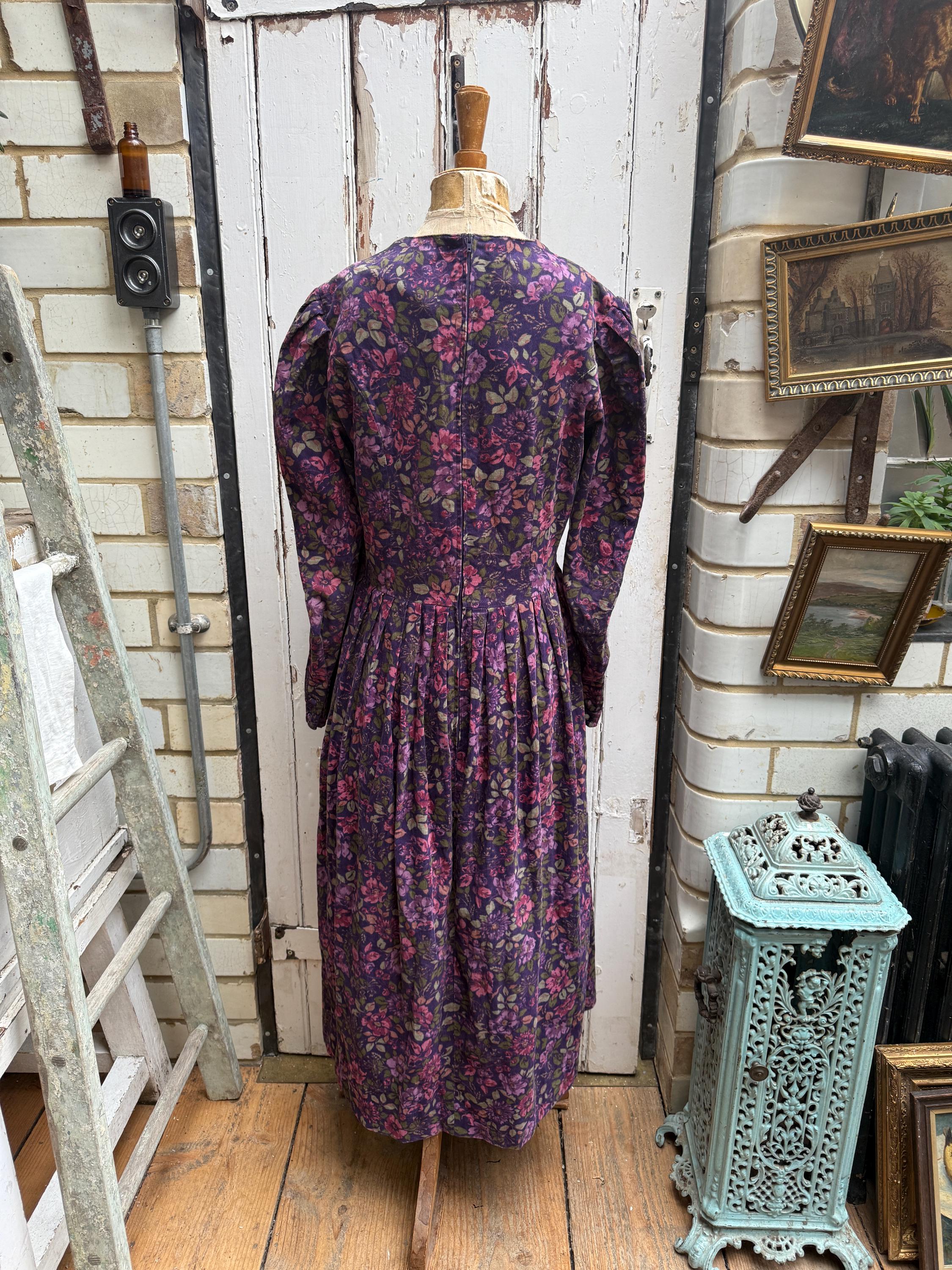 Laura Ashley＊violet floral print dress Vintage Laura Ashley Purple Floral Cotton Needlecord Corduroy Cord
