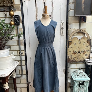 Antique handmade grey cotton pinafore apron with pocket