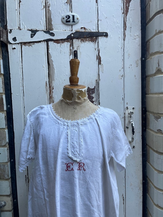 Antique French white  linen dress initials ER wit… - image 2