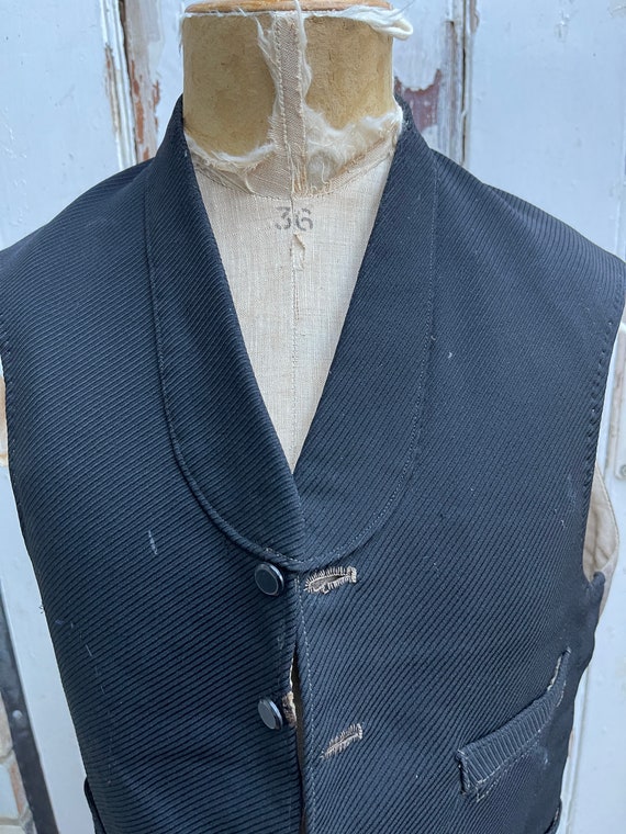 Antique mens black wool waistcoat vest with brown… - image 2