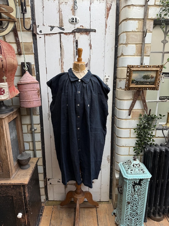 Antique French Handmade Indigo Dark Blue Linen Sleeveless Biaude