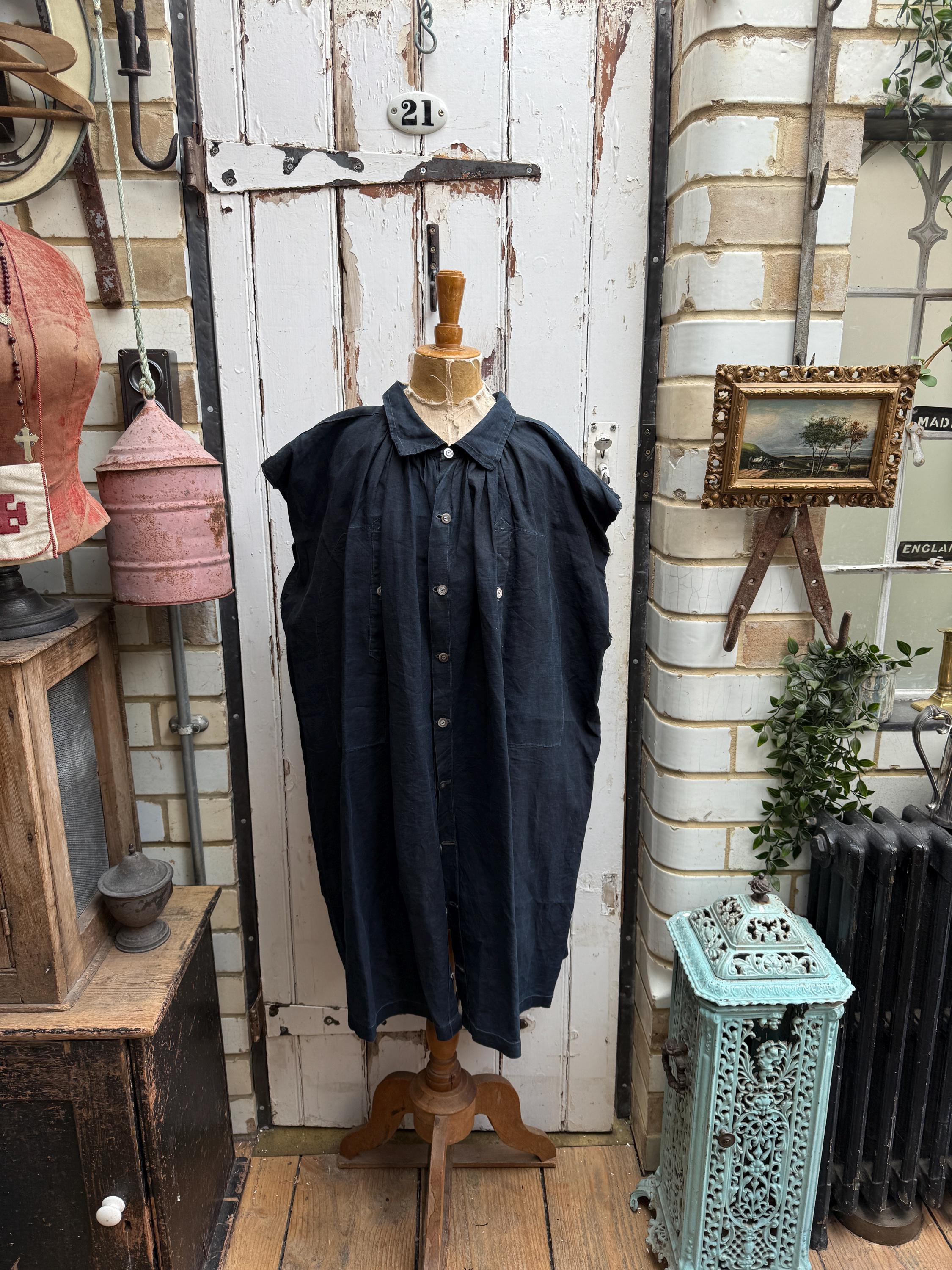 Antique French Handmade Indigo Dark Blue Linen Sleeveless Biaude