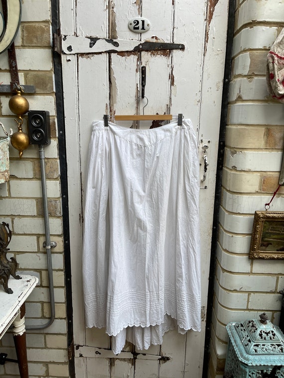 Antique handmade long white cotton skirt initials… - image 1