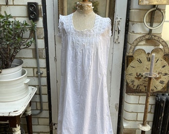 Antique French white cotton slip dress with lace top pintuck detail initials  GB size S