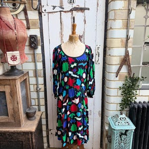 Vintage Frankreich 1980er Jahre Saint Laurent Rive Gauche gemustertes Designer Kleid Gr.44
