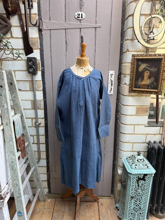 french blue linen dress Antique size initials EB size M Strapless