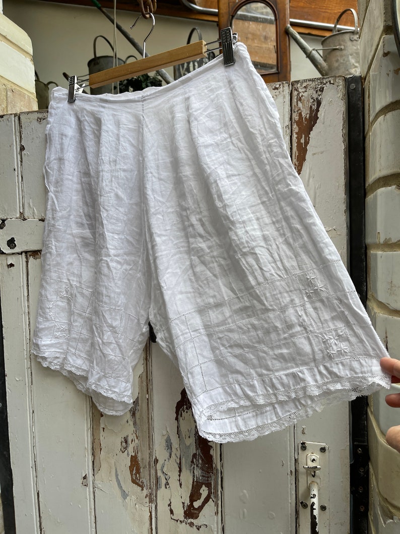 Antique French lingerie white soft cotton voile shorts with embroidery and lace trim size M/L image 10