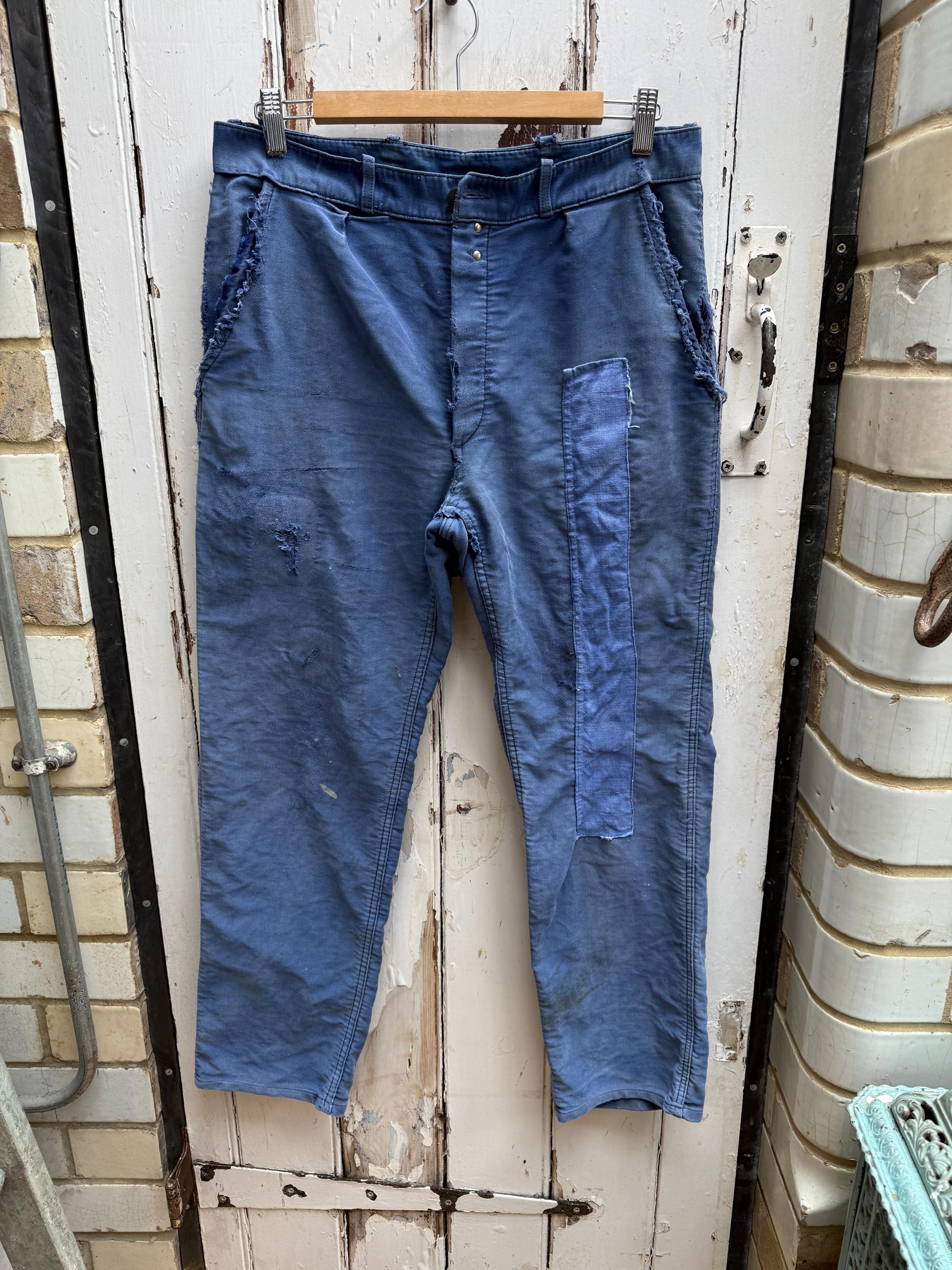 Antique French Mont Rouge Blue Cotton Moleskin Workwear Chores