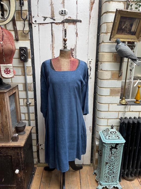 french blue linen dress Antique French Blue Linen Dress With Cross Motif Size L