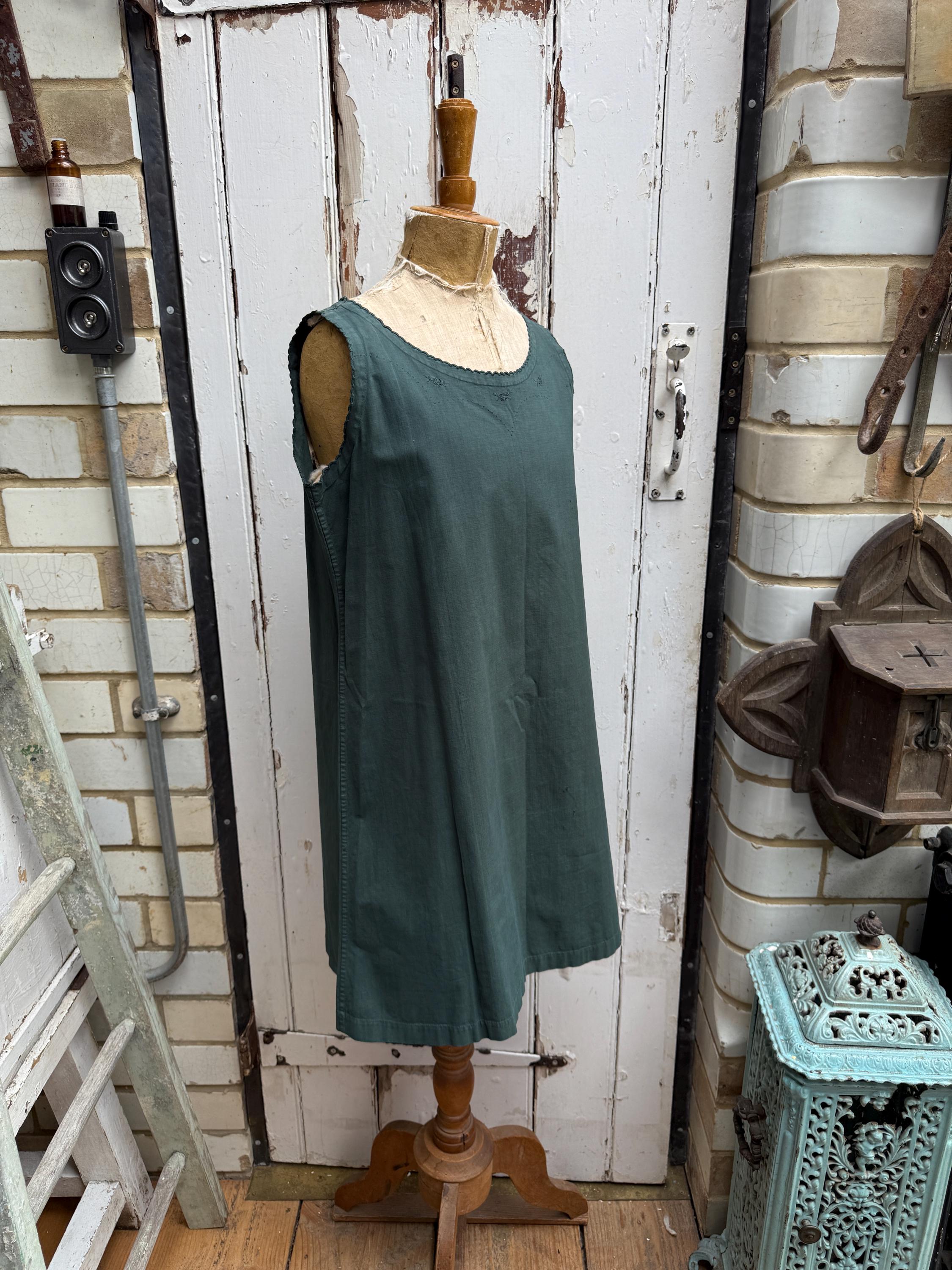 フランスアンティーク シフトドレス ワンピース アンティークなフランス製グリーンコットンのシフトドレス