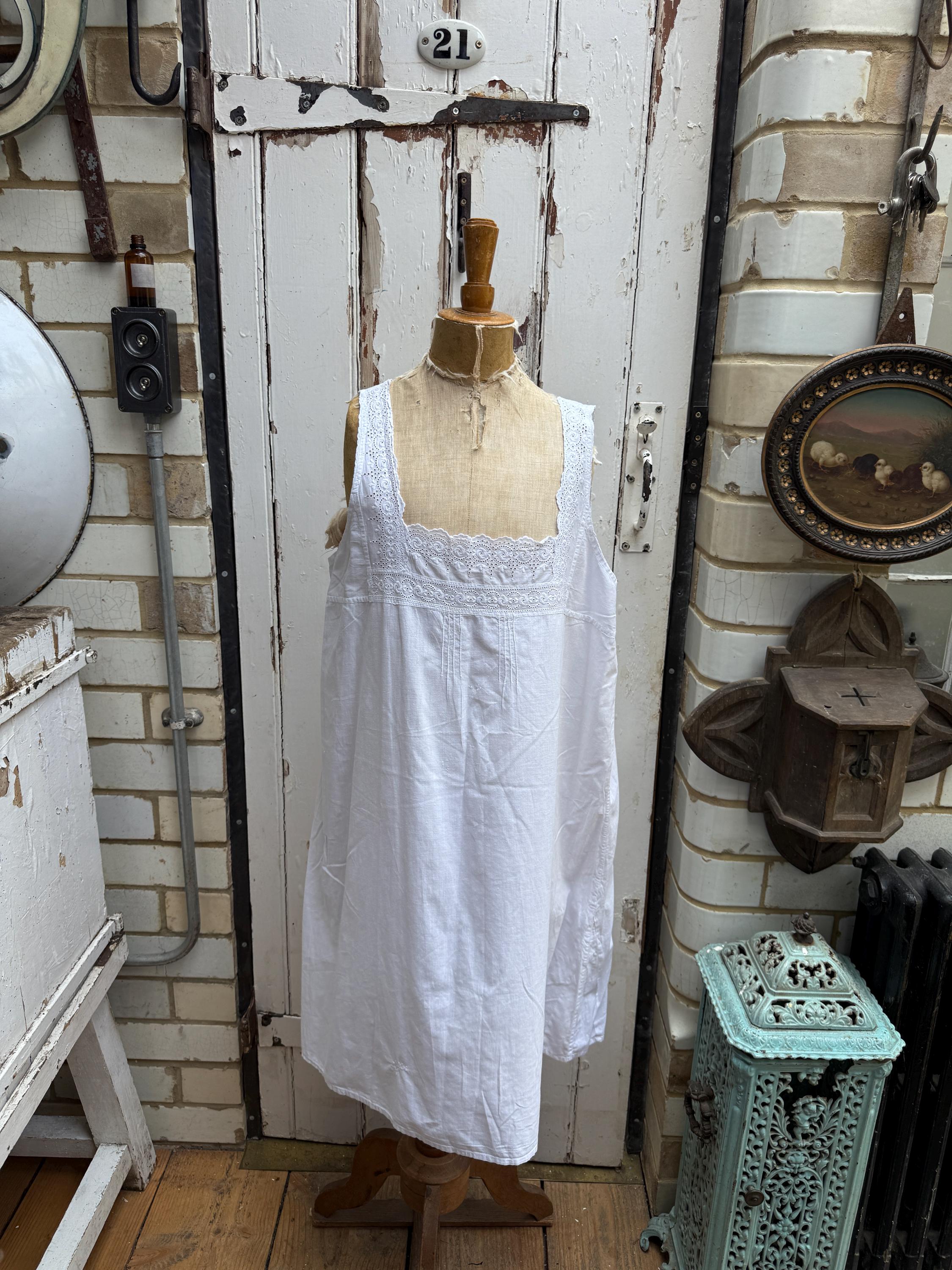 フランスアンティーク シフトドレス ワンピース アンティークフレンチホワイトコットンシフトスリップドレス（レース