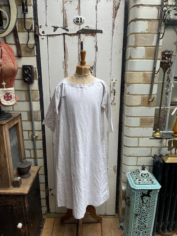 Antique French White Linen Cotton Metis Shift Dress Initials JB Size S/M
