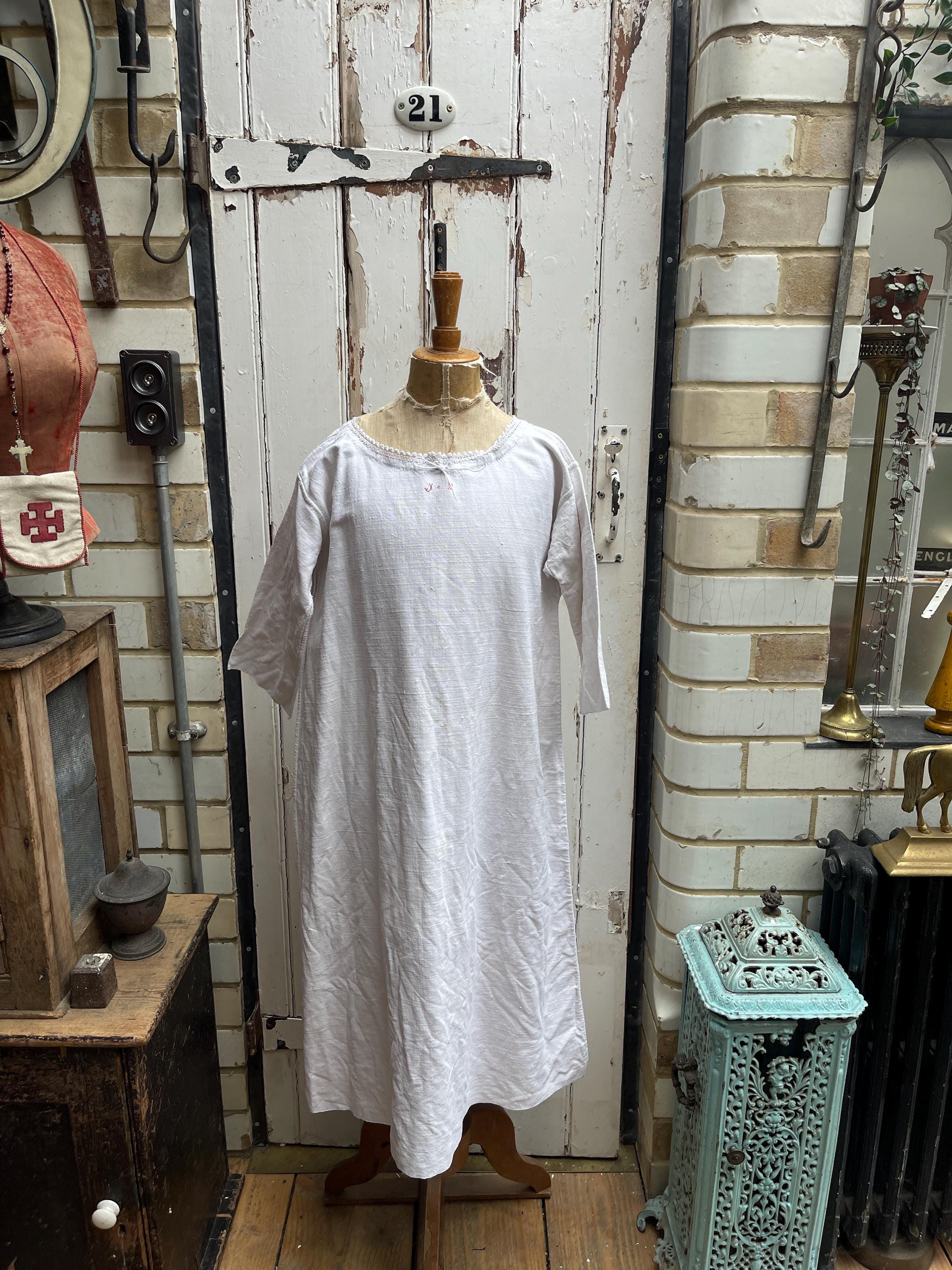 Antique French White Linen Cotton Metis Shift Dress Initials JB