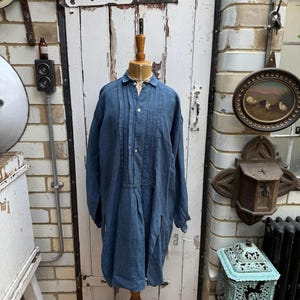 Antique French blue linen shirt dress chemise initials VUH size M