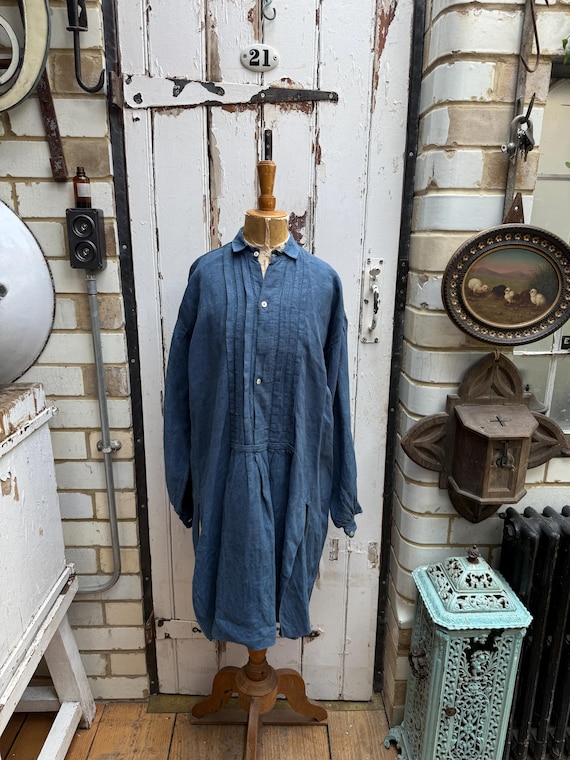 Antique French blue linen shirt dress chemise initials VUH size M