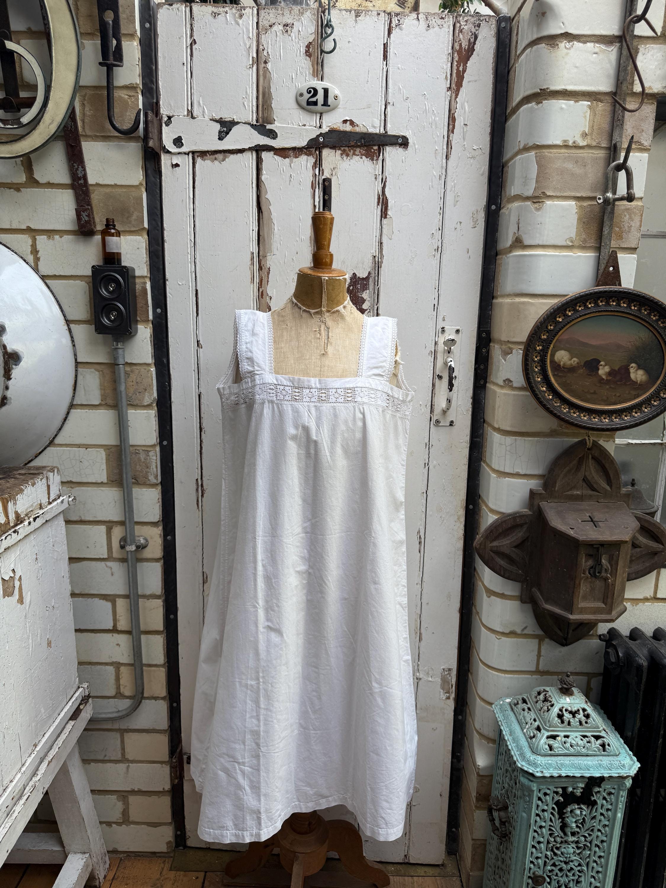 Antique French white cotton slip dress with lace top size S