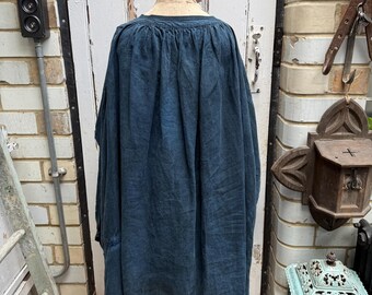 Antique French Handmade Indigo Blue Linen Biaude Smock With Front