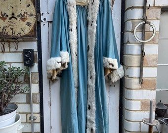 Antique French duck egg blue satin graduation gown with fur trim