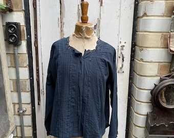 Antique French dark blue cotton blouse size S/M