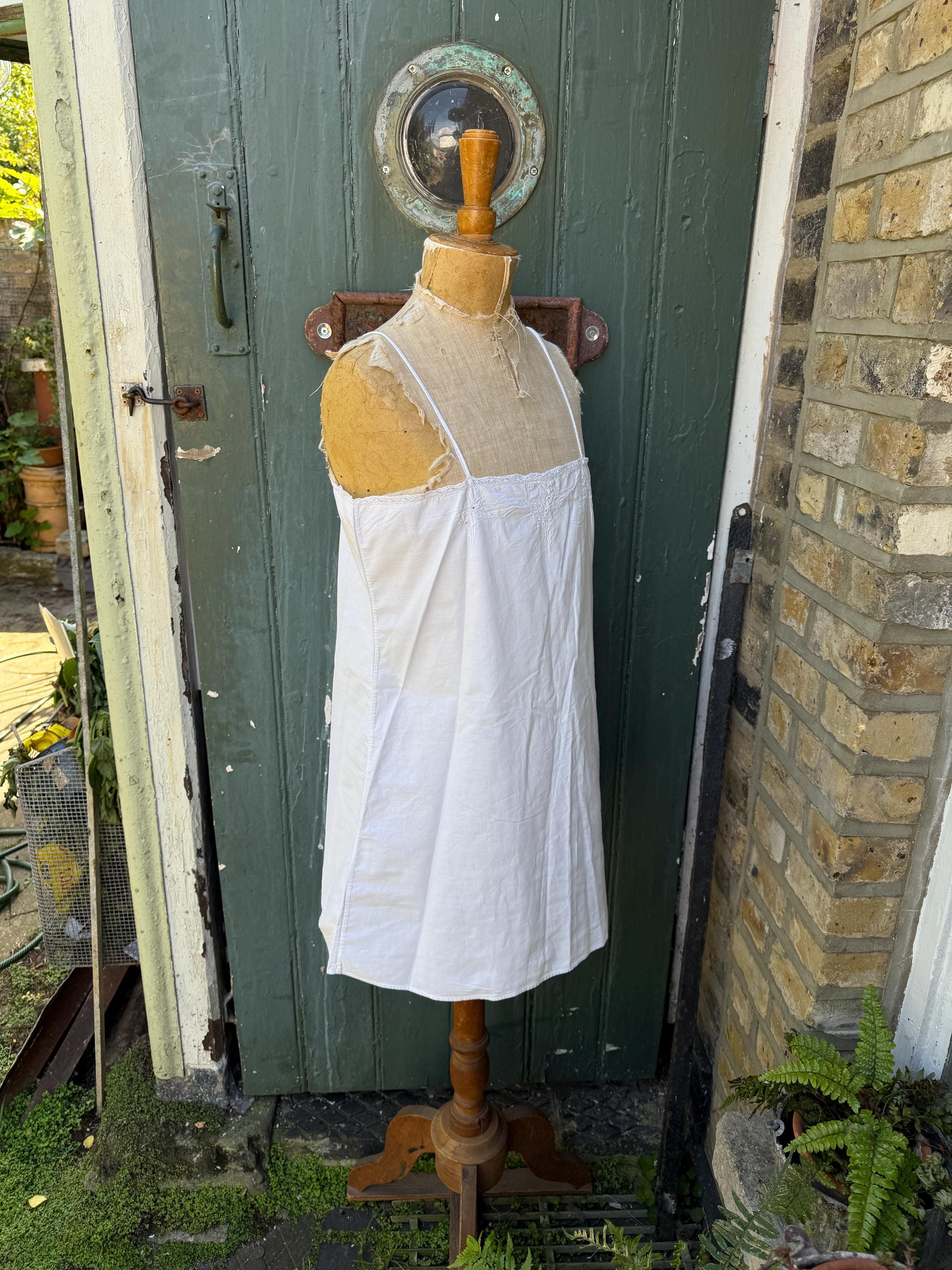 アンティークフランス製ホワイトコットンスリップドレス サイズS