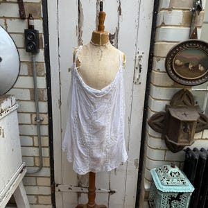Antique French white cotton voile camisole top with lace panels size L