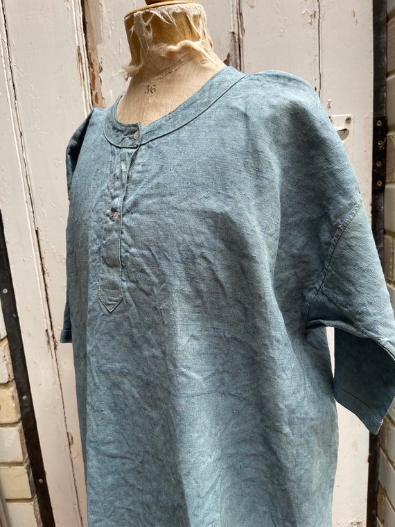 Antique French faded sea green linen flax dress i… - image 10