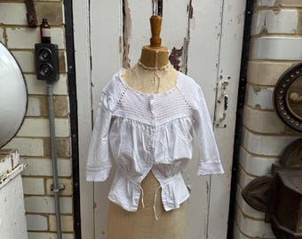 Antique French white cotton blouse top with crochet top section size S
