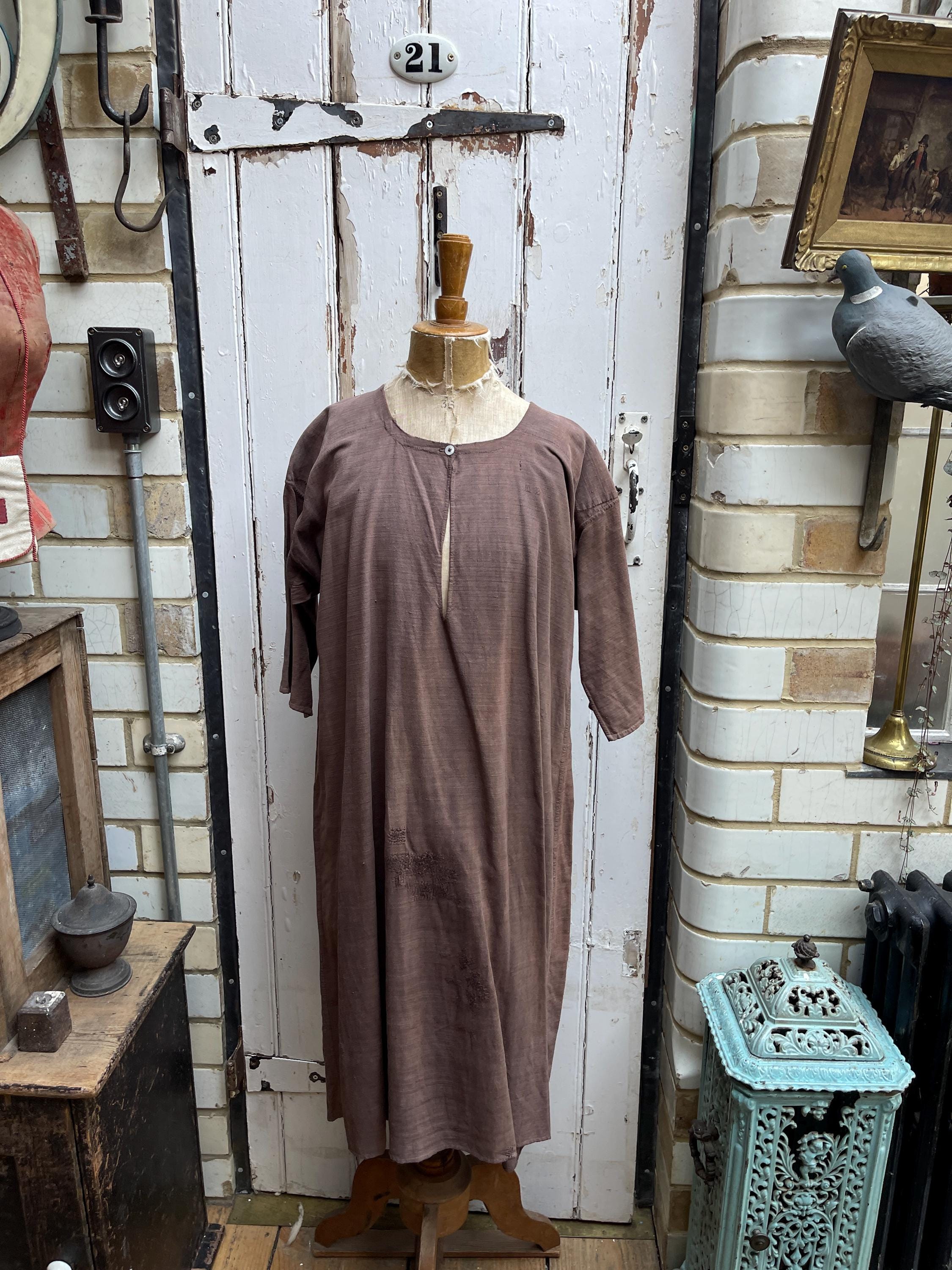Antique French brown linen dress smock initials MB size M